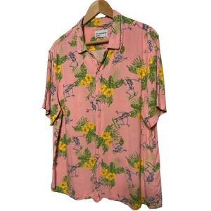 4th Dimension Skate Skeleton Hawaiian Shirt Pink Floral Print Size L‎